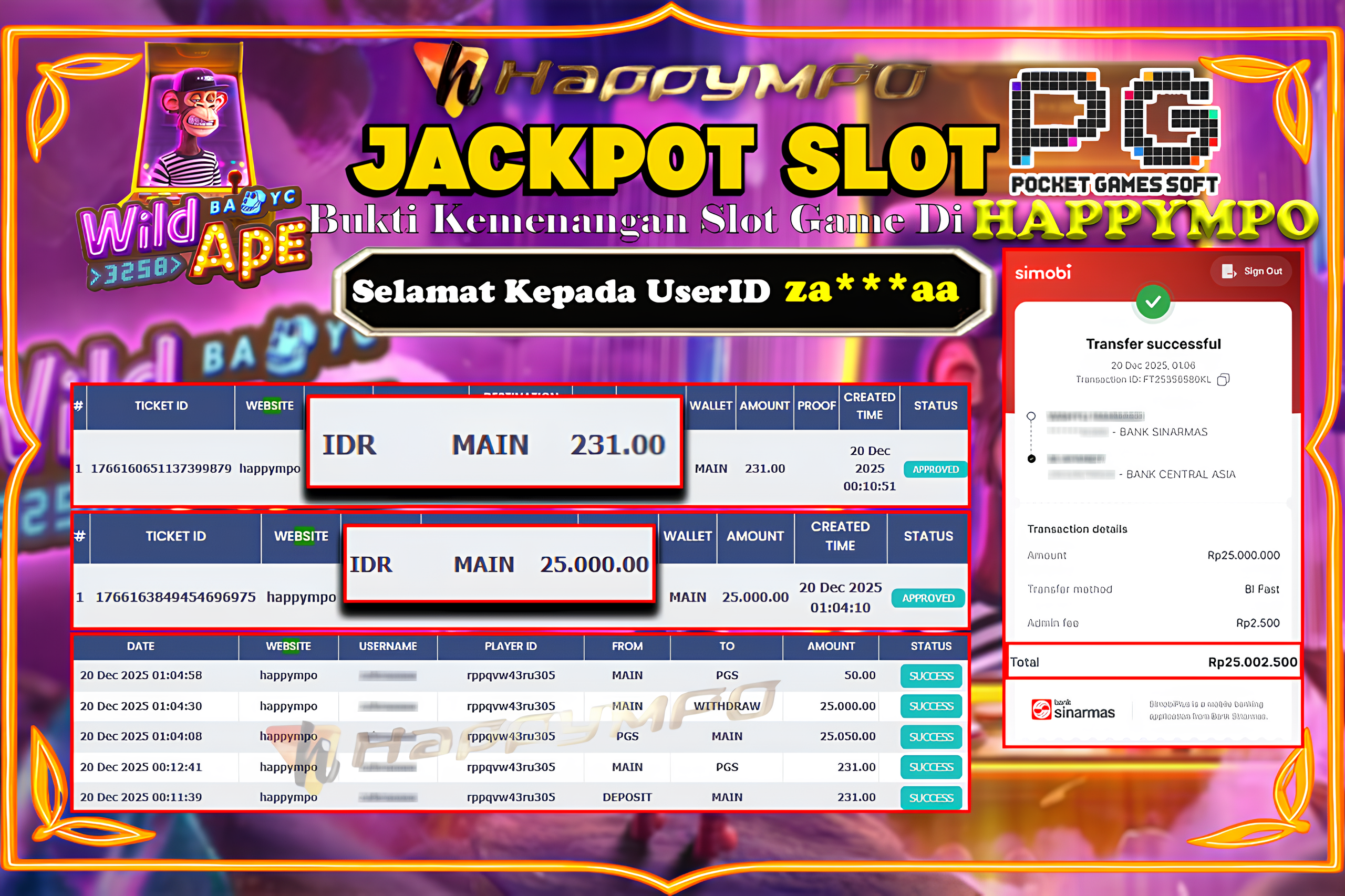 HAPPYMPO JACKPOT SLOT WILD APE Rp.25.000.000,- LUNAS